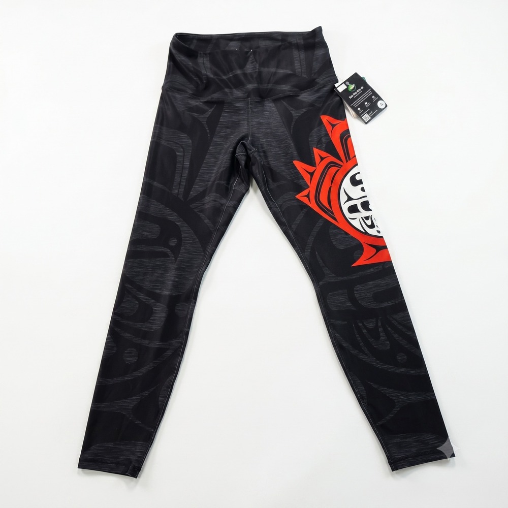 NoMiNoU‎ Indigenous Art Leggings L Large Black Red Recycled Yoga UPF 50 NWT